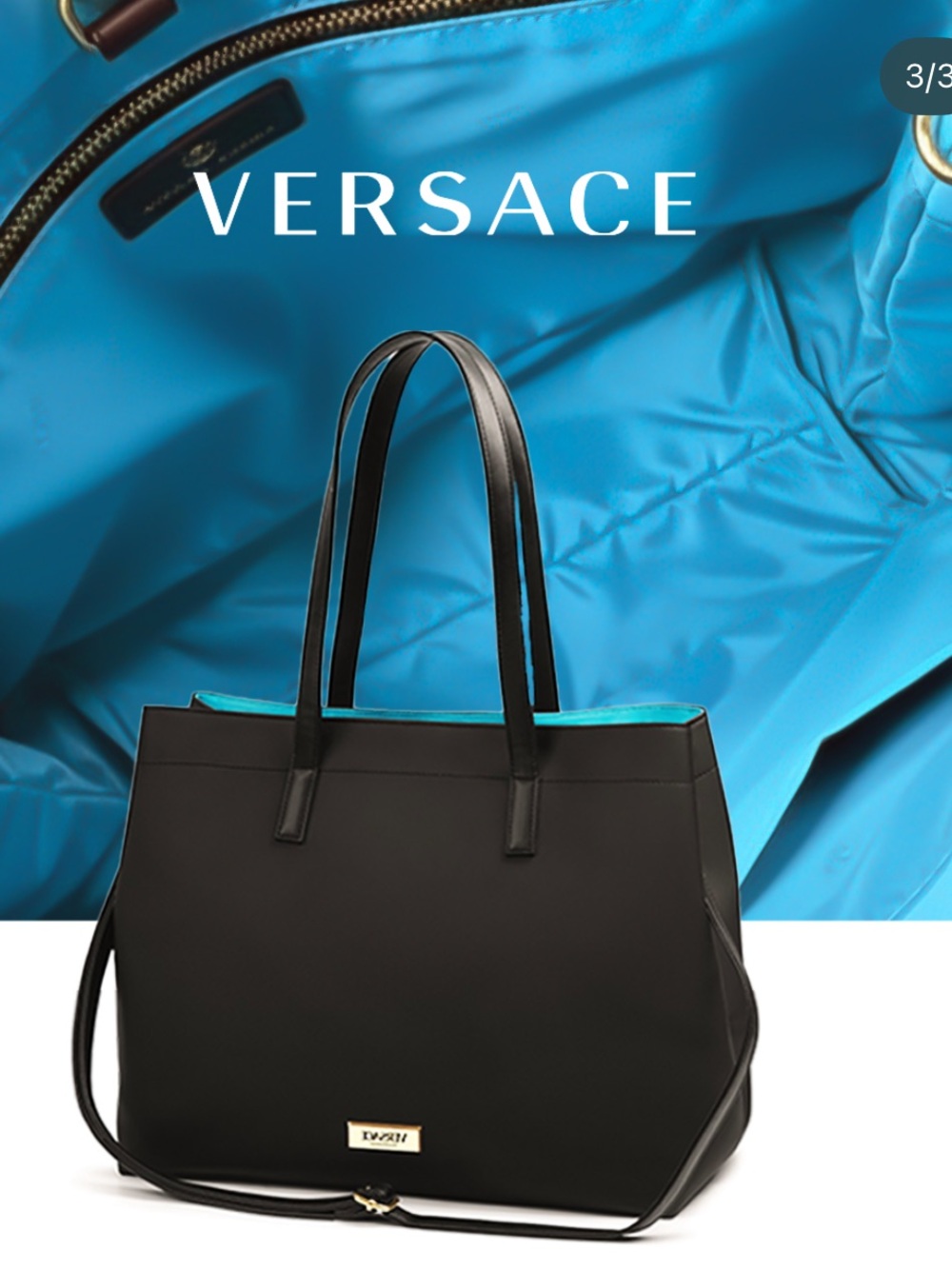 🆕🦋VERSACE Black Leather Tote with Gold Accent and blue lining